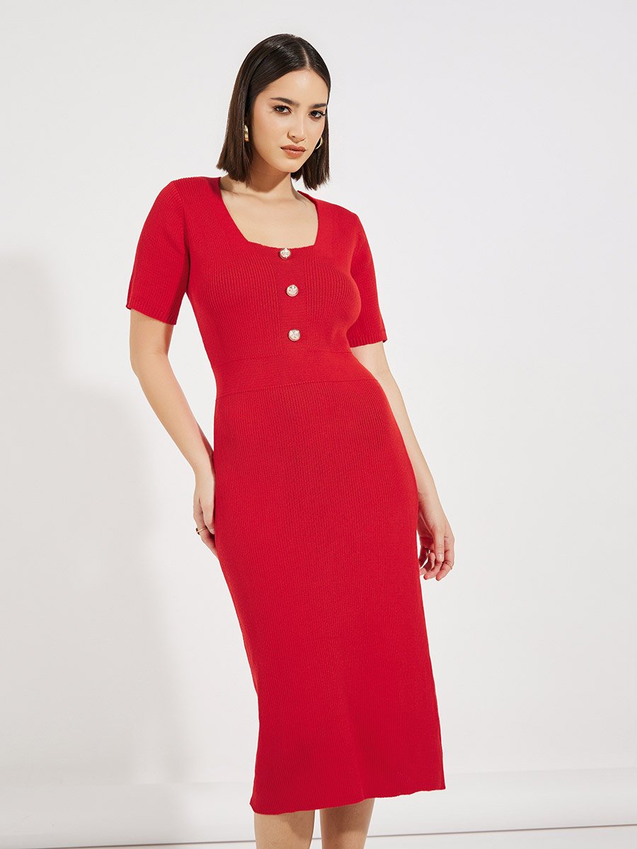Rib Knit Square Neck Sweater Midi Dress