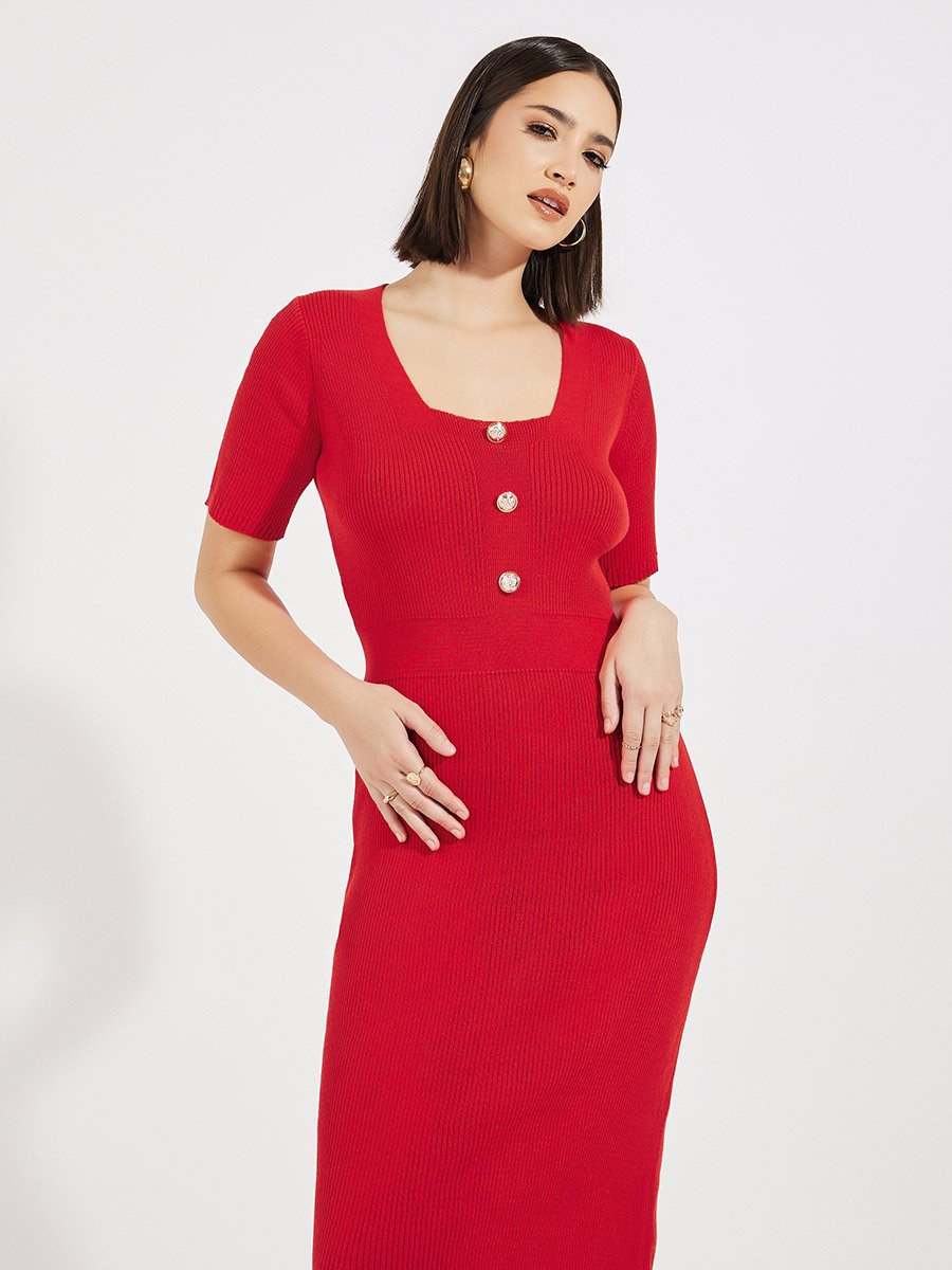 Rib Knit Square Neck Sweater Midi Dress