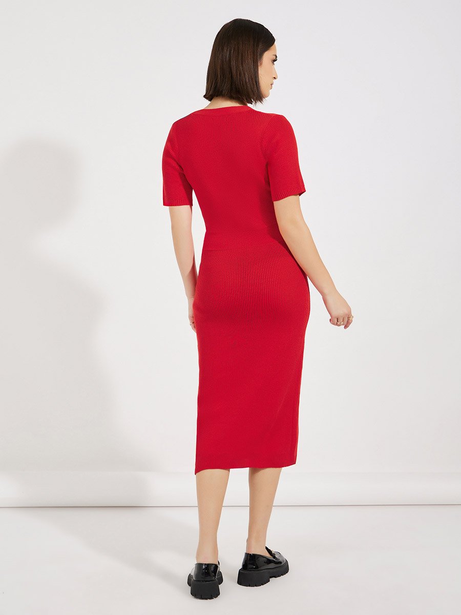 Rib Knit Square Neck Sweater Midi Dress