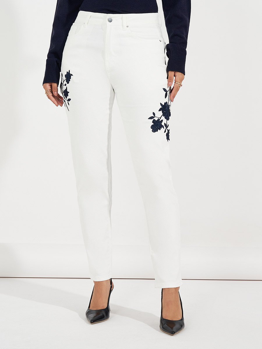 High Rise Tapered Mom Fit Jeans with Embroidery Detail