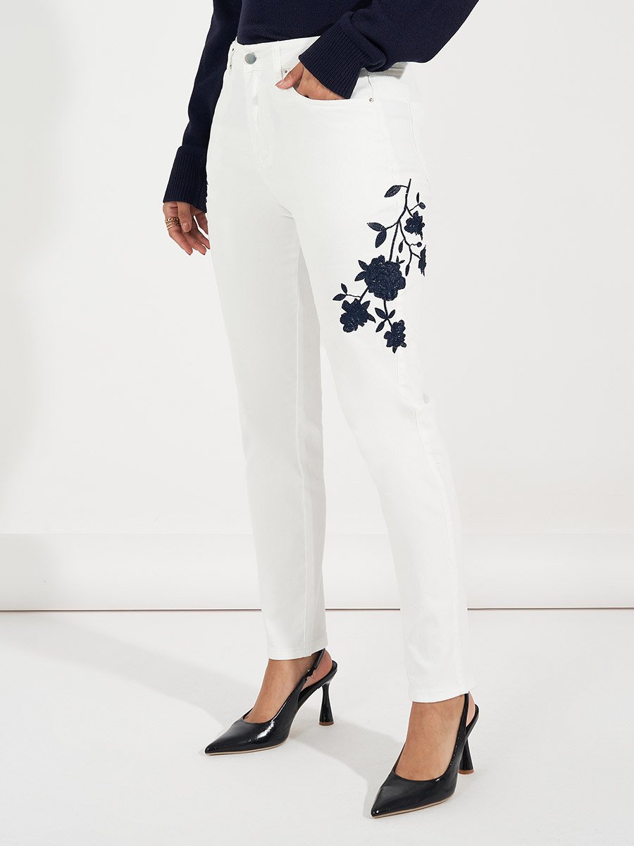 High Rise Tapered Mom Fit Jeans with Embroidery Detail