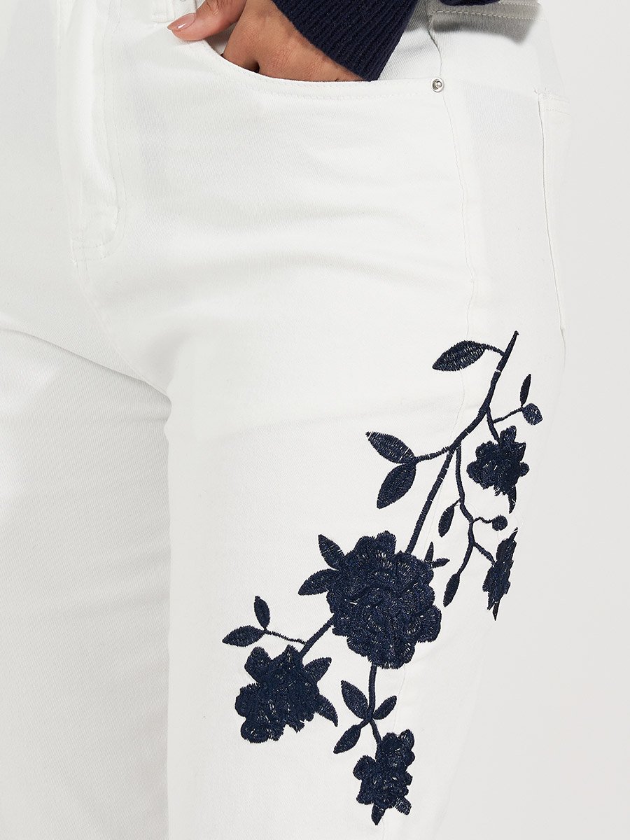 High Rise Tapered Mom Fit Jeans with Embroidery Detail