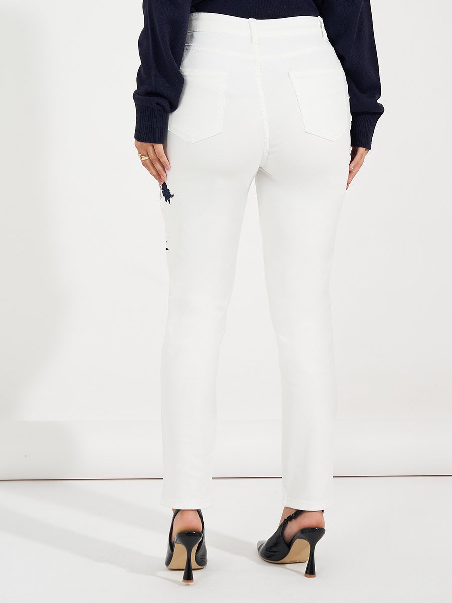 High Rise Tapered Mom Fit Jeans with Embroidery Detail