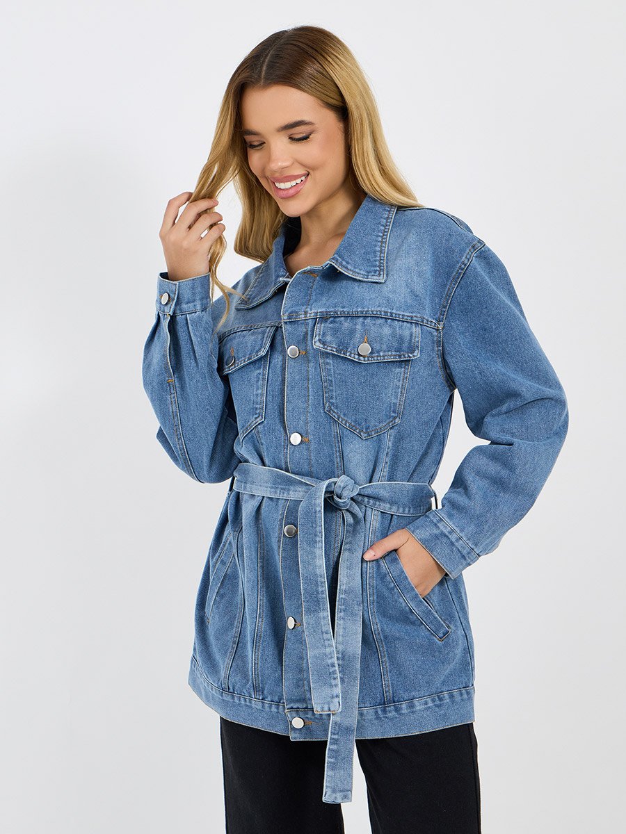 Regular Fit Longline Belted Denim Jacket For Women at Saudi | Styli