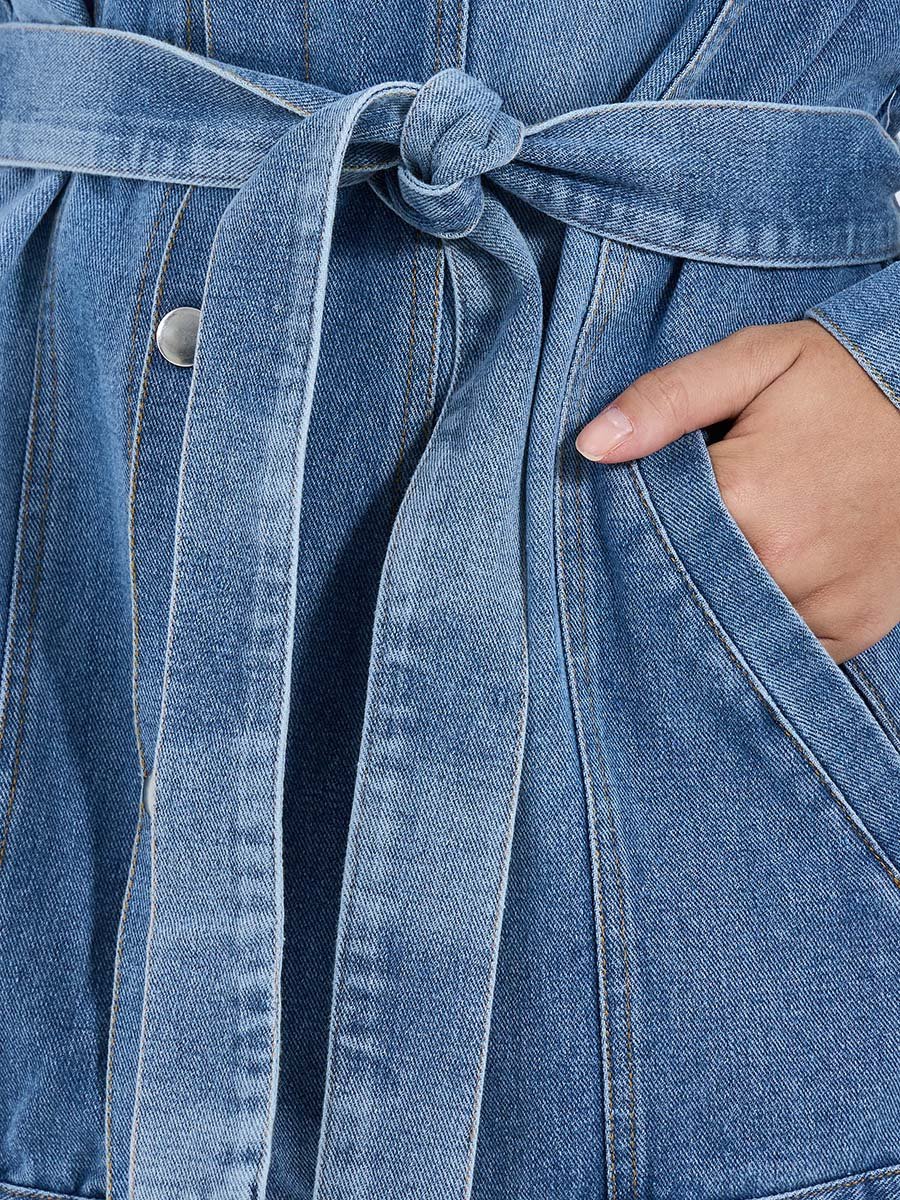 Regular Fit Longline Belted Denim Jacket For Women at Saudi | Styli