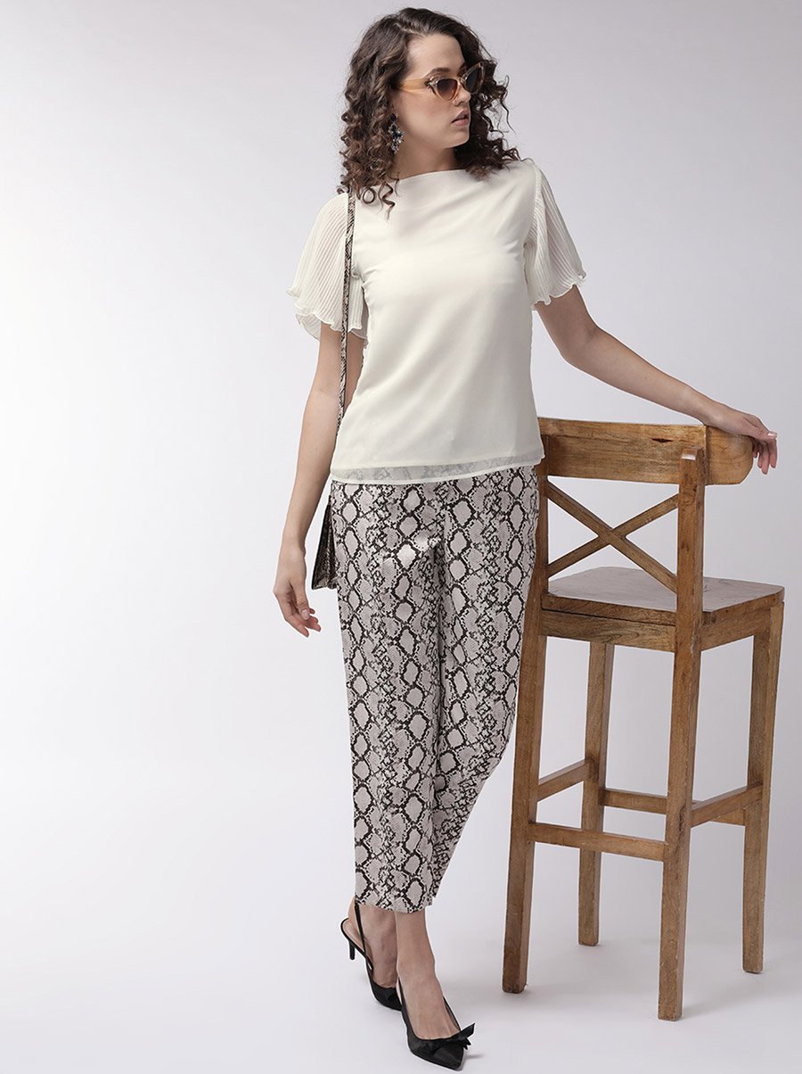 Solid Boat Neck Top with Plisse Sleeves