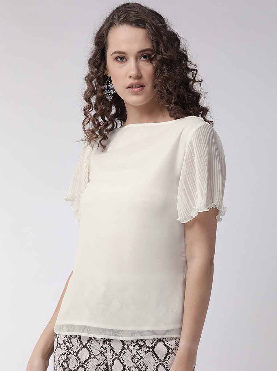 Solid Boat Neck Top with Plisse Sleeves