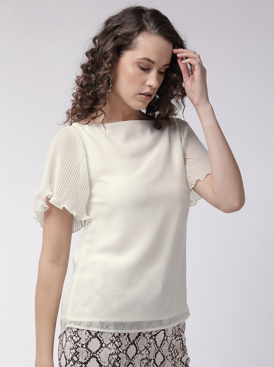 Solid Boat Neck Top with Plisse Sleeves