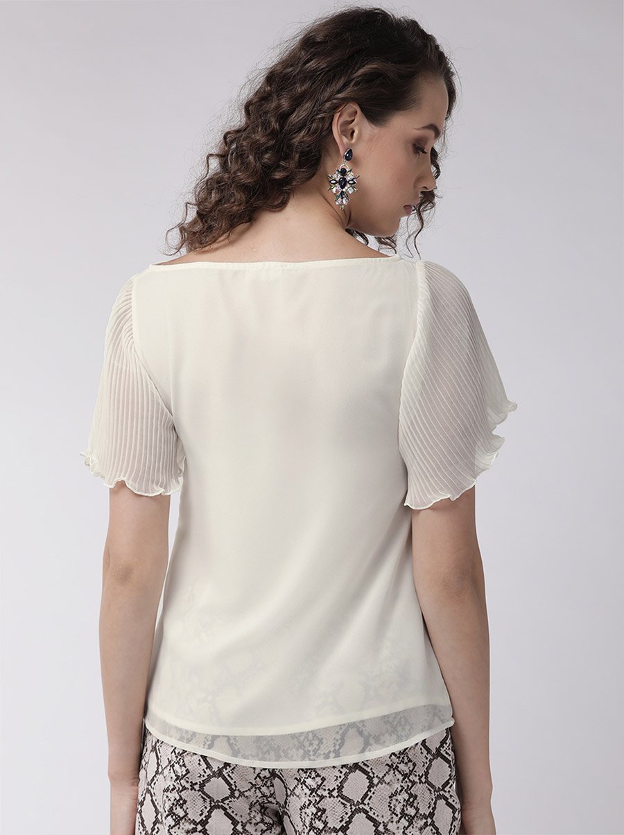 Solid Boat Neck Top with Plisse Sleeves