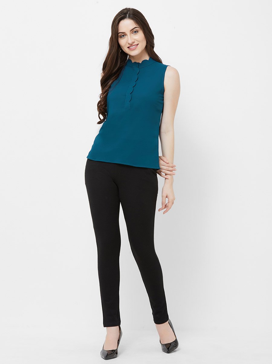 Scalloped Edge Solid Shirt Style Top