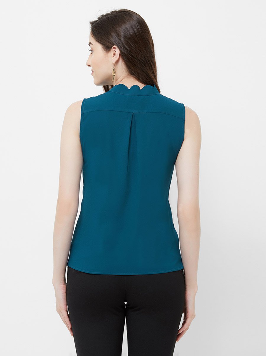 Scalloped Edge Solid Shirt Style Top