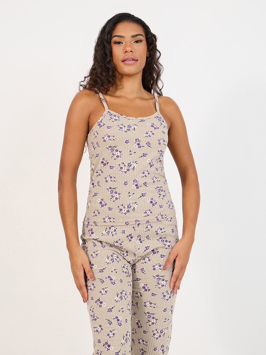 All Over Floral Print Rib Cami and Pyjama Set