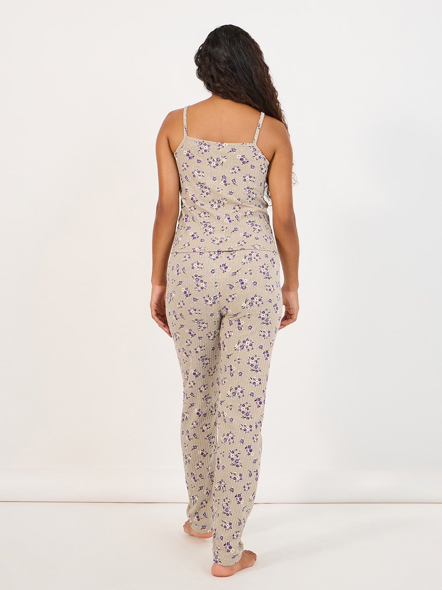 All Over Floral Print Rib Cami and Pyjama Set