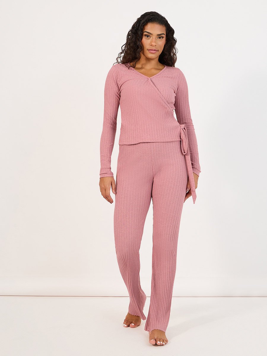 Brushed Rib Wrap Tie Top and Flared Trouser Lounge Set