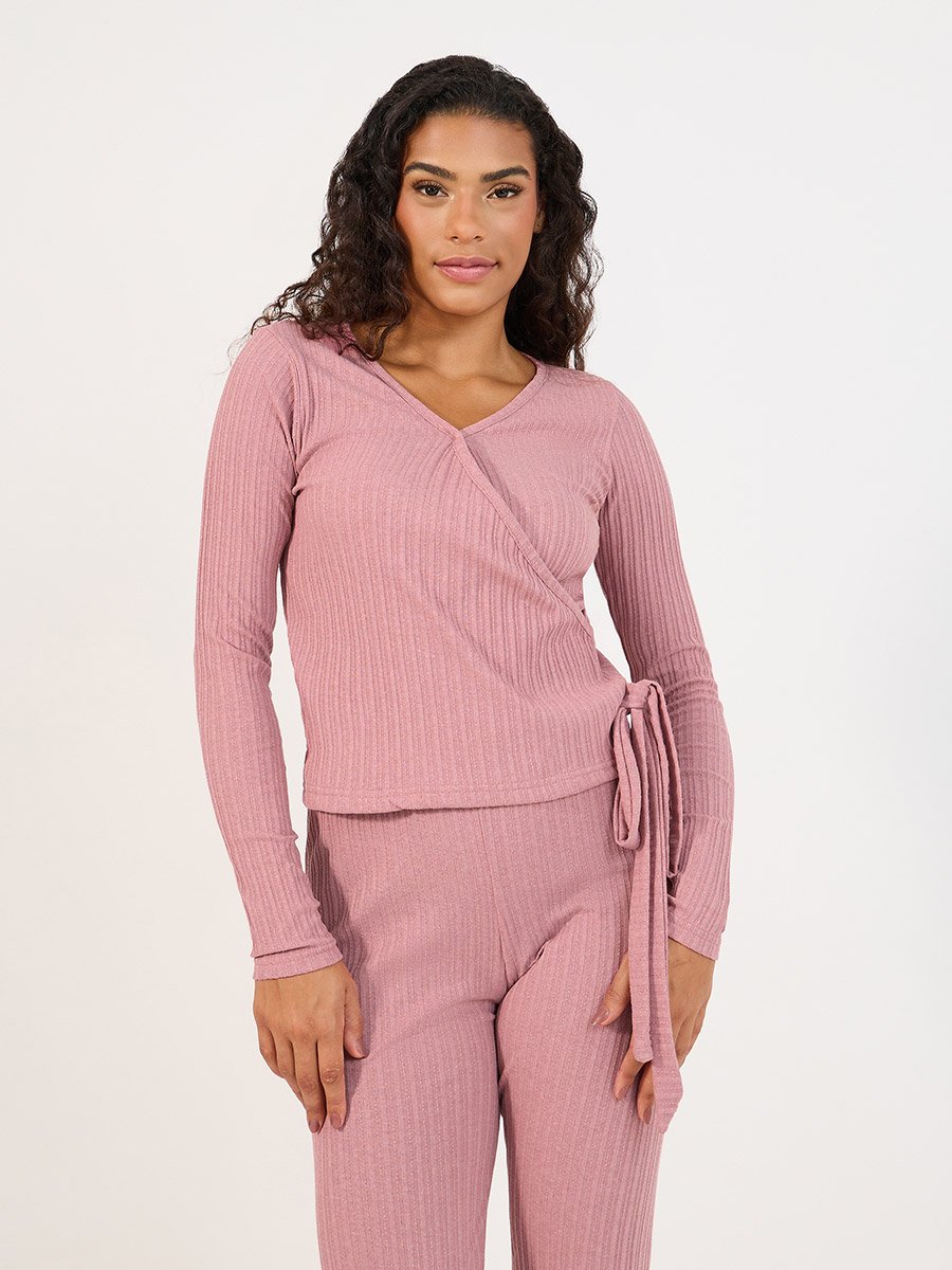 Brushed Rib Wrap Tie Top and Flared Trouser Lounge Set