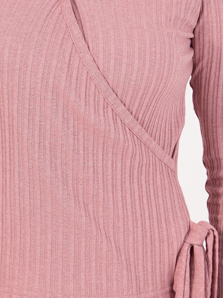 Brushed Rib Wrap Tie Top and Flared Trouser Lounge Set