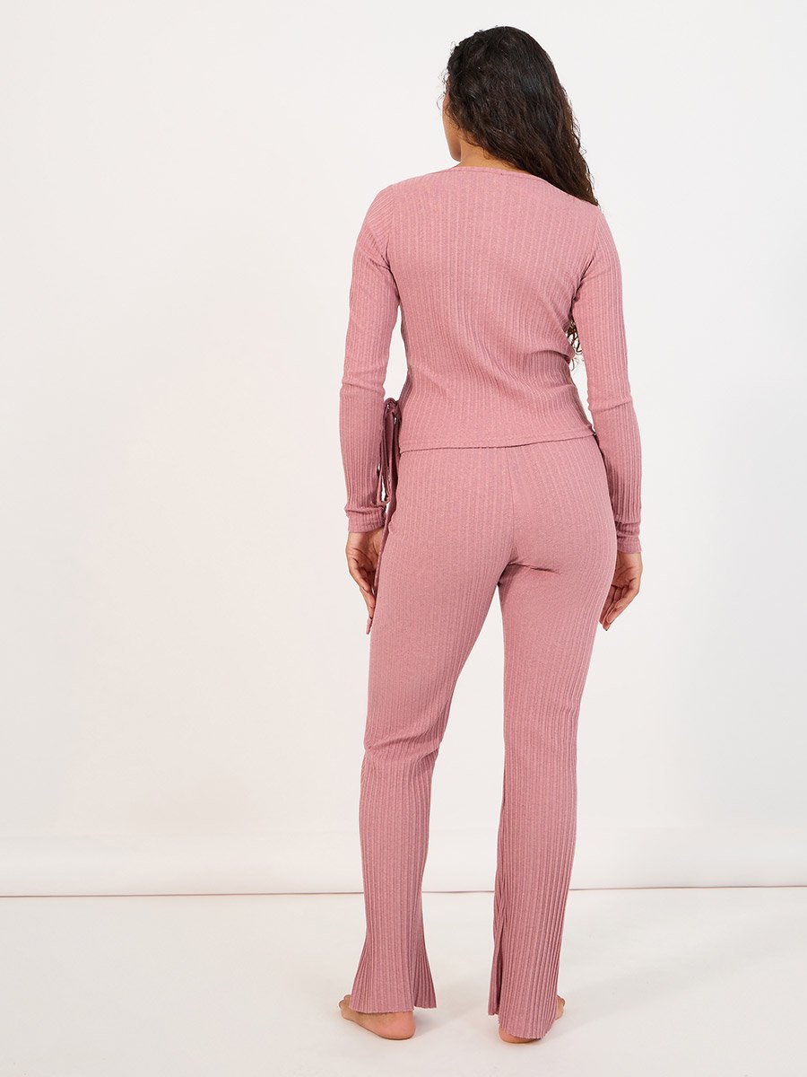 Brushed Rib Wrap Tie Top and Flared Trouser Lounge Set