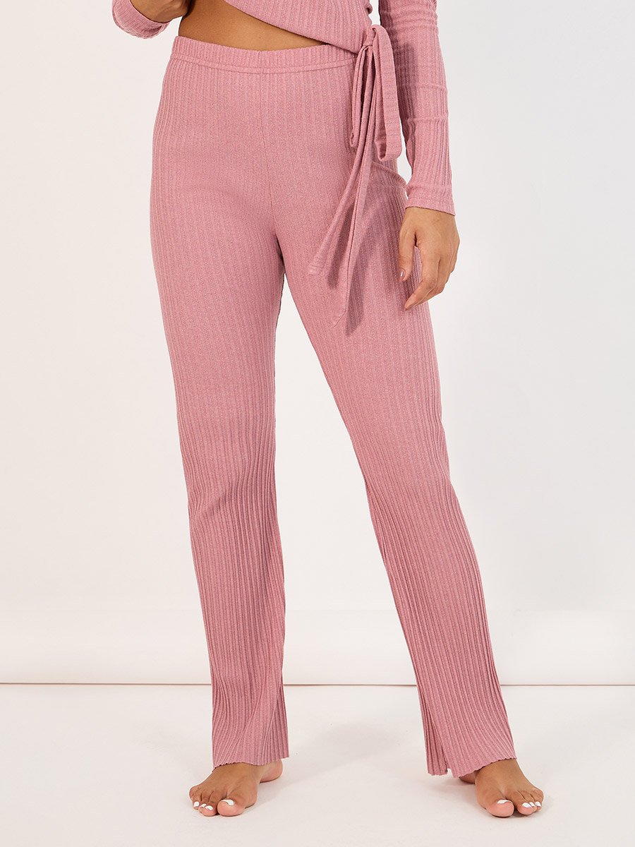 Brushed Rib Wrap Tie Top and Flared Trouser Lounge Set