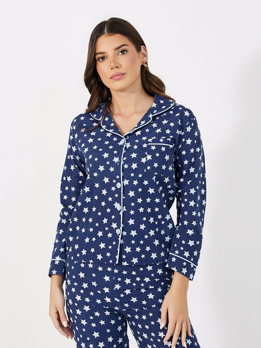 Cotton Linen Star Print Shirt and Pyjama Set