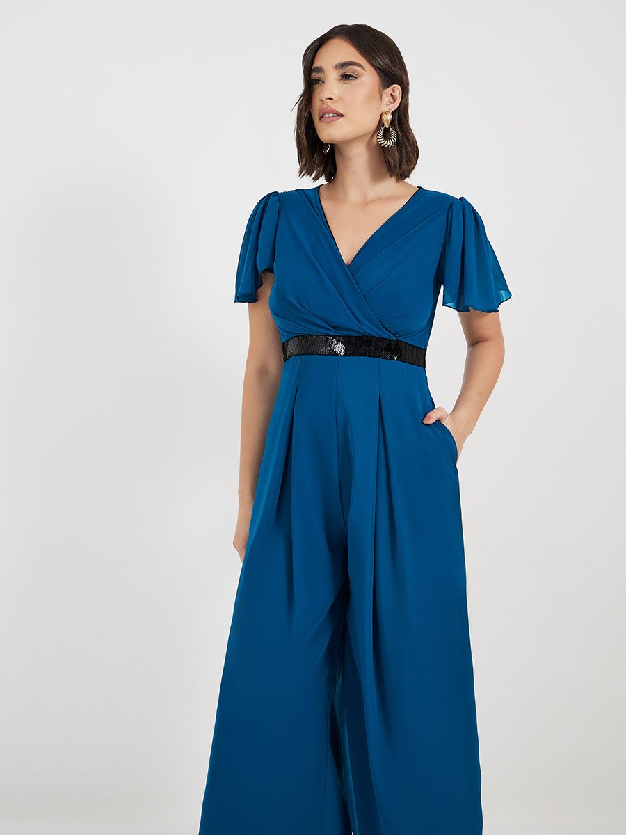 Wide Leg Wrap Front Sequined Band Jumpsuit