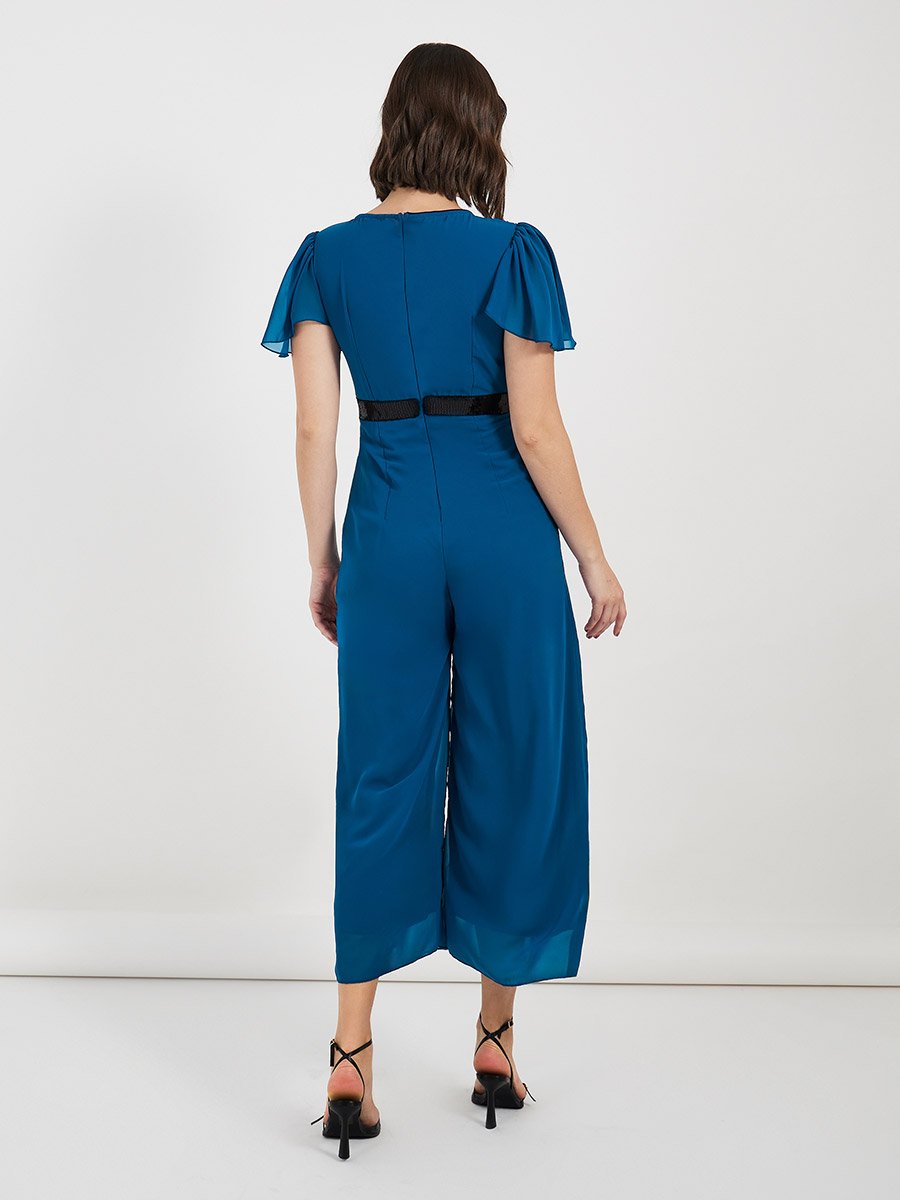 Wide Leg Wrap Front Sequined Band Jumpsuit