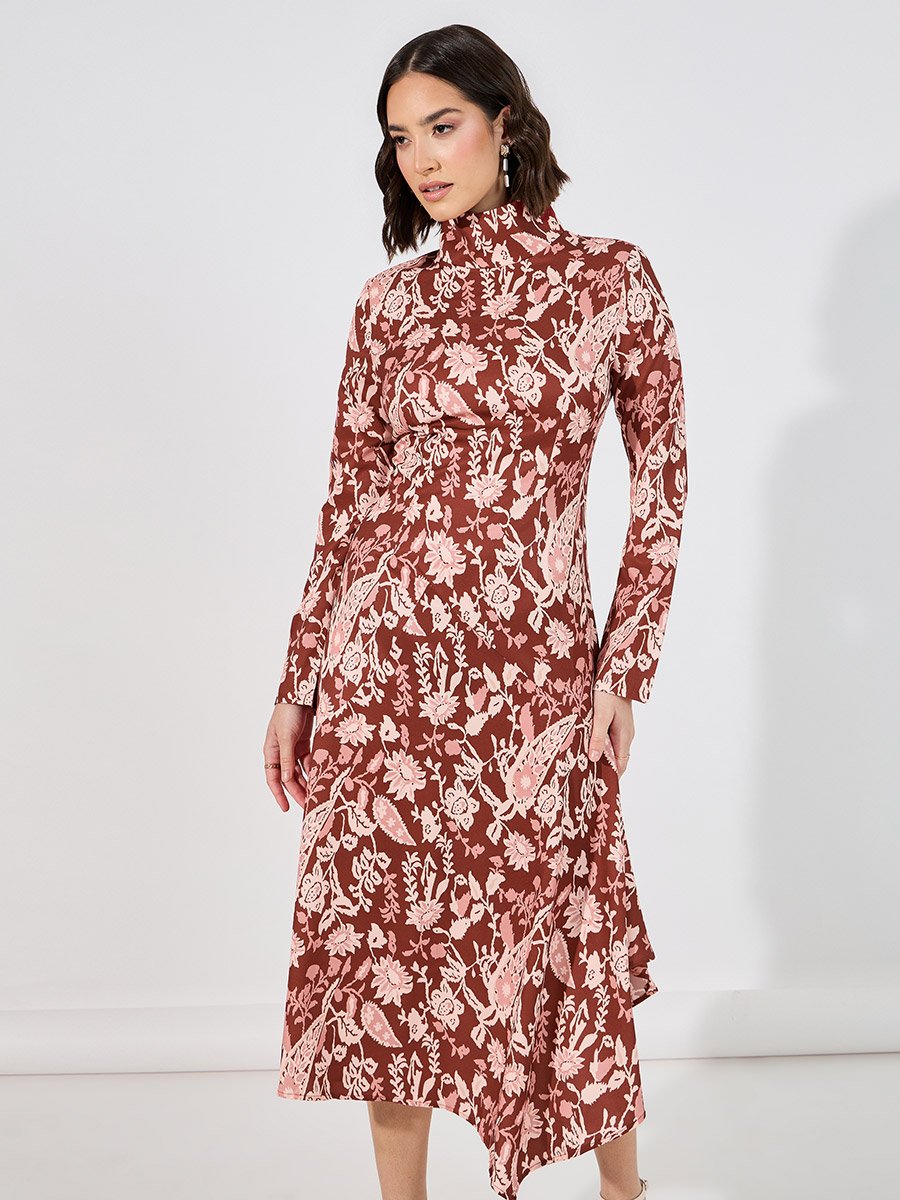 Floral Print Asymmetric Hem A-Line Midi Dress For Women at Saudi | Styli Floral Print Asymmetric Hem A-Line Midi Dress For Women at Saudi | Styli