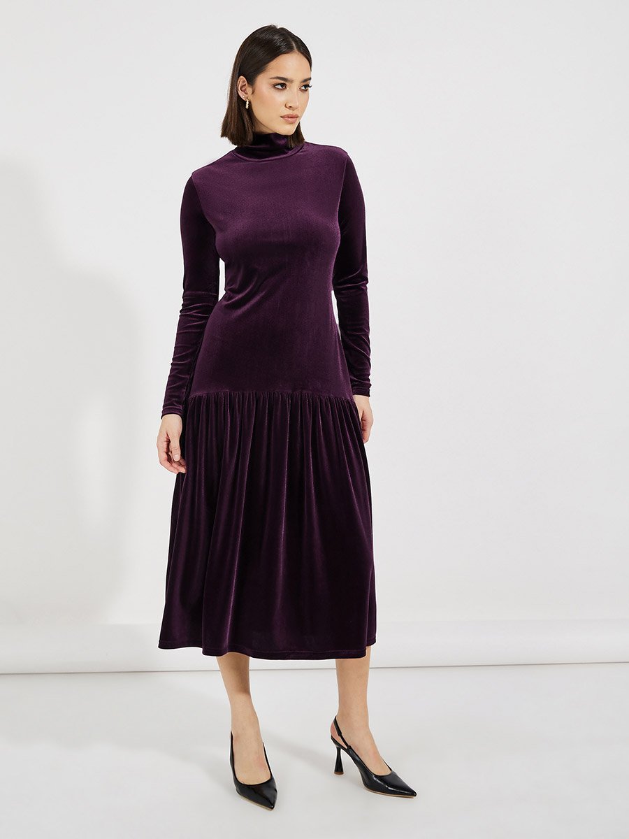 Velvet Look Drop Waist A-Line Midi Dress