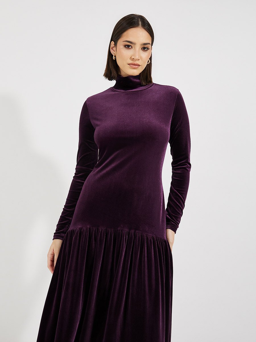 Velvet Look Drop Waist A-Line Midi Dress