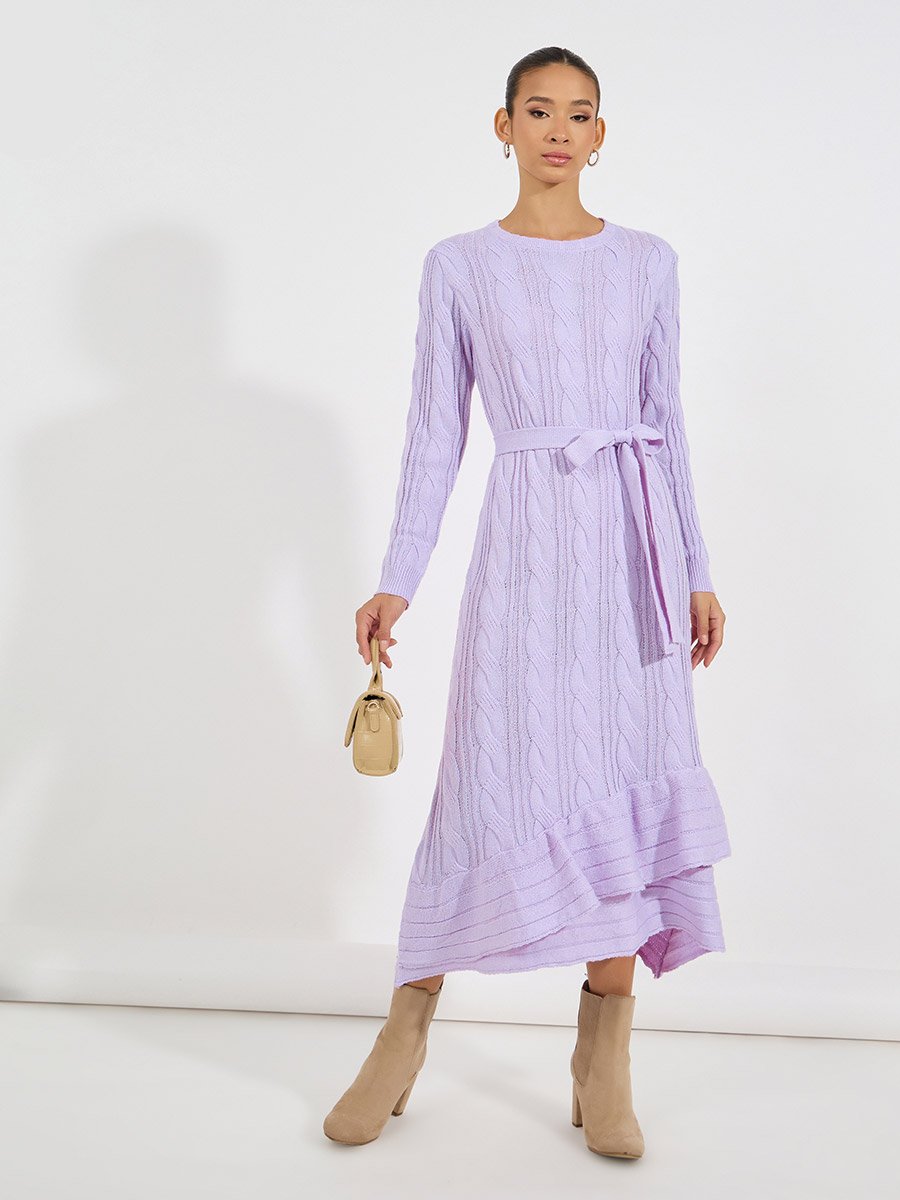 Cable Knit Frill Hem Sweater Midi Dress