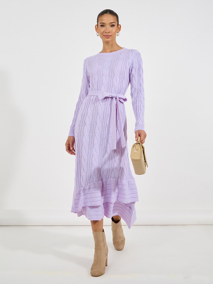 Cable Knit Frill Hem Sweater Midi Dress