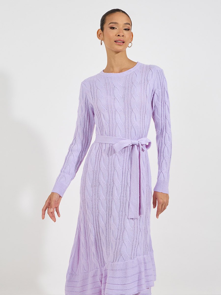 Cable Knit Frill Hem Sweater Midi Dress