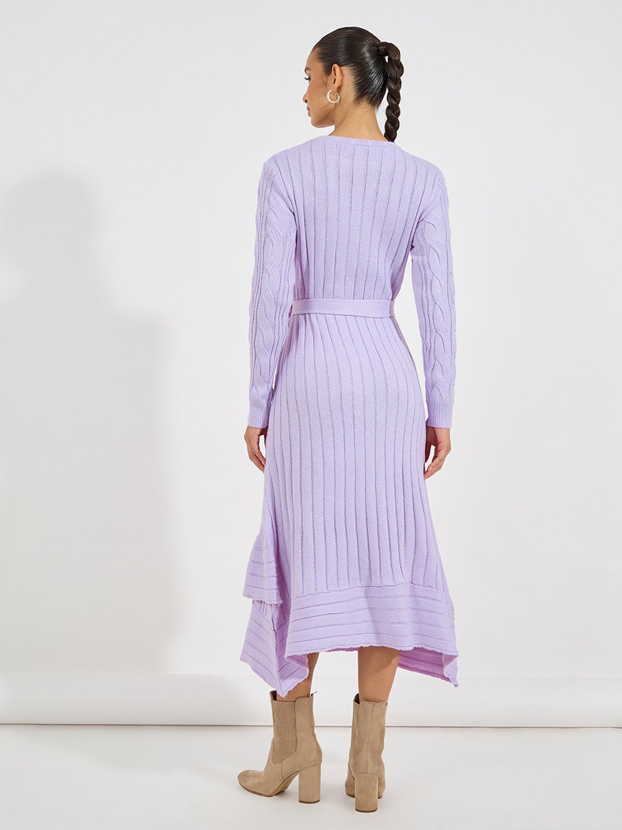 Cable Knit Frill Hem Sweater Midi Dress