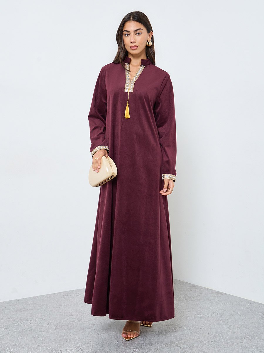 Velvet Look Jalabiya with Lace Trim