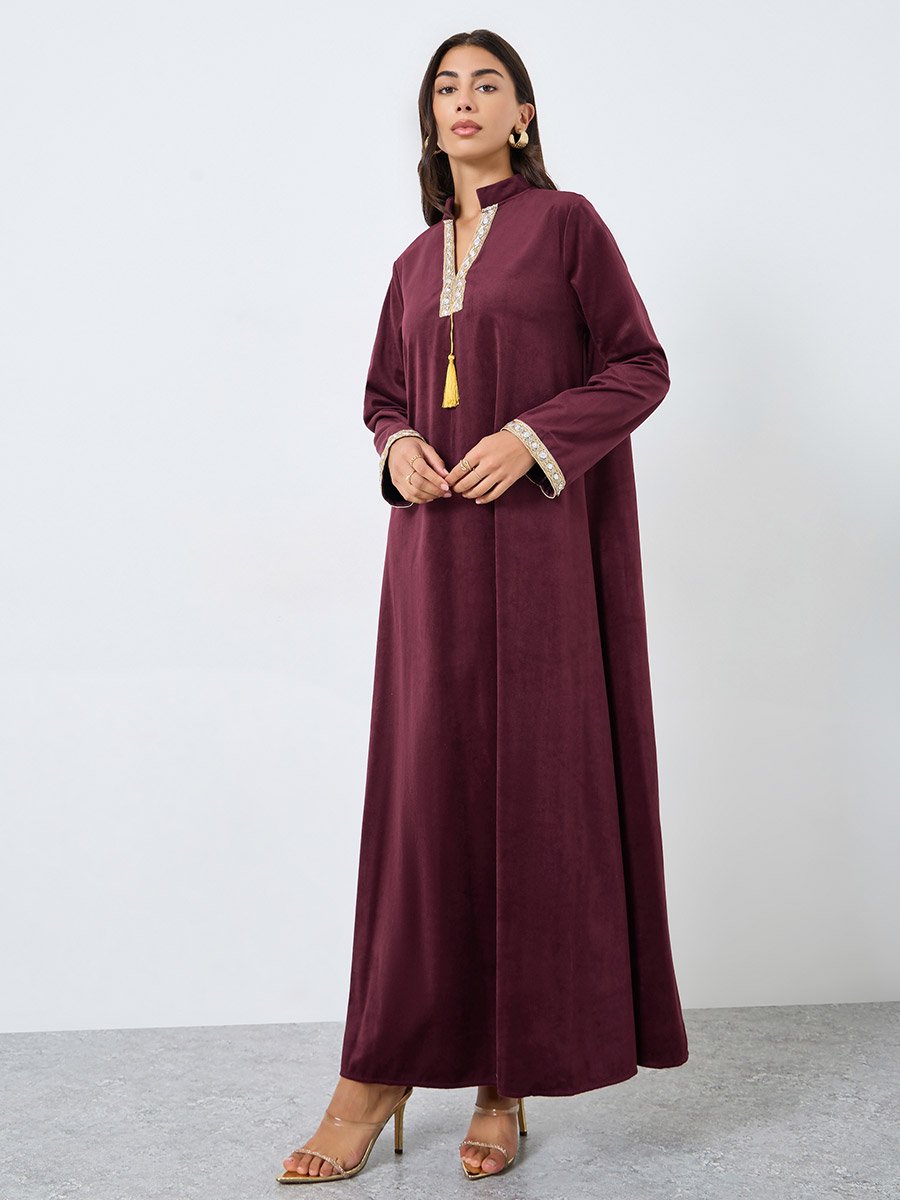 Velvet Look Jalabiya with Lace Trim