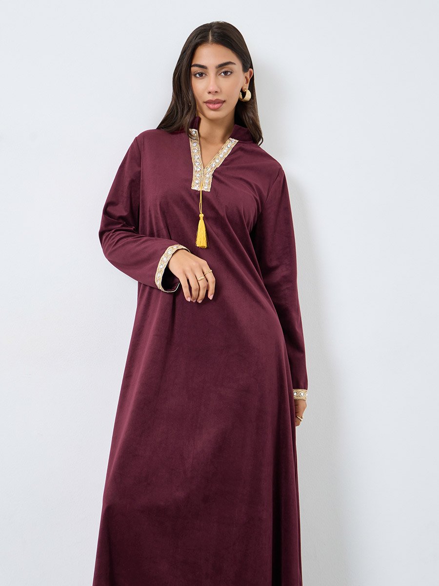 Velvet Look Jalabiya with Lace Trim