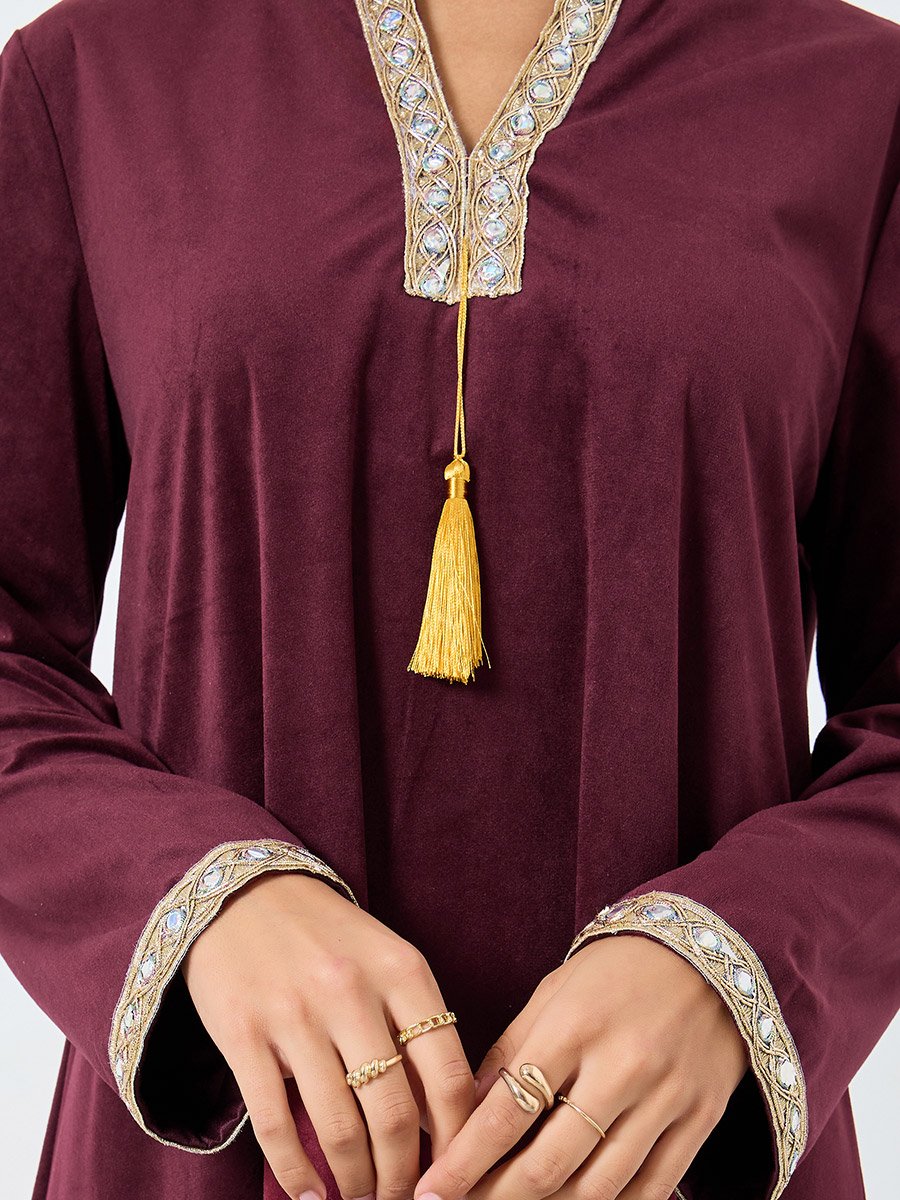 Velvet Look Jalabiya with Lace Trim