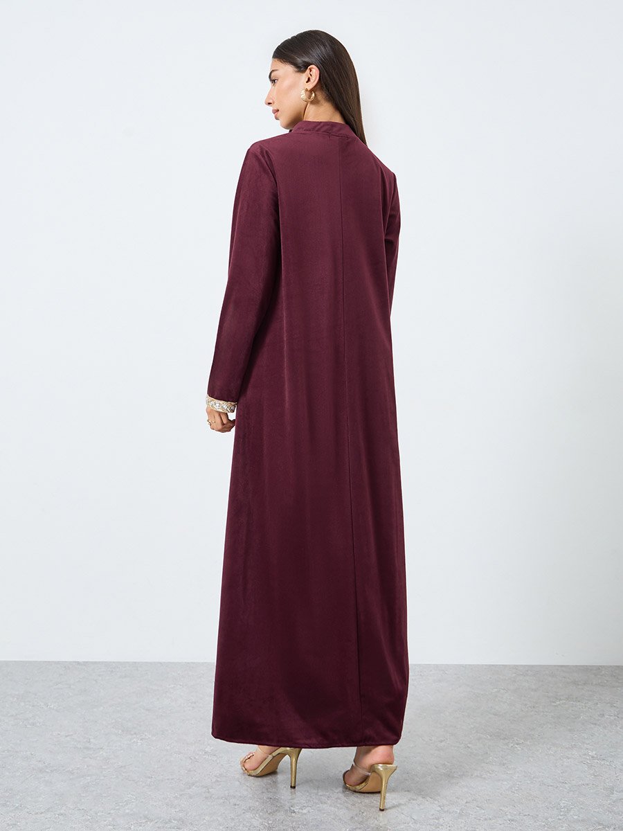Velvet Look Jalabiya with Lace Trim