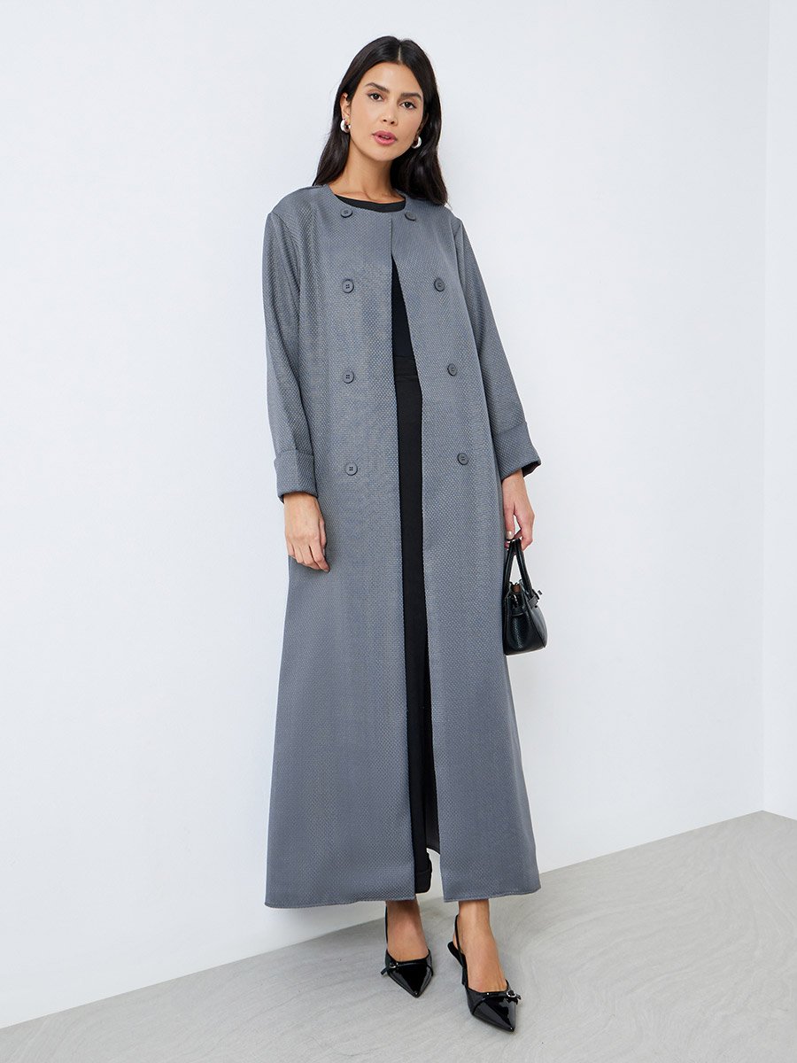 Grey Tweed-Look Button Detail Winter Abaya