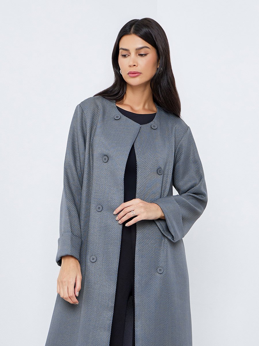 Grey Tweed-Look Button Detail Winter Abaya