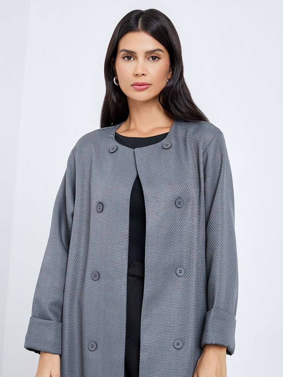 Grey Tweed-Look Button Detail Winter Abaya