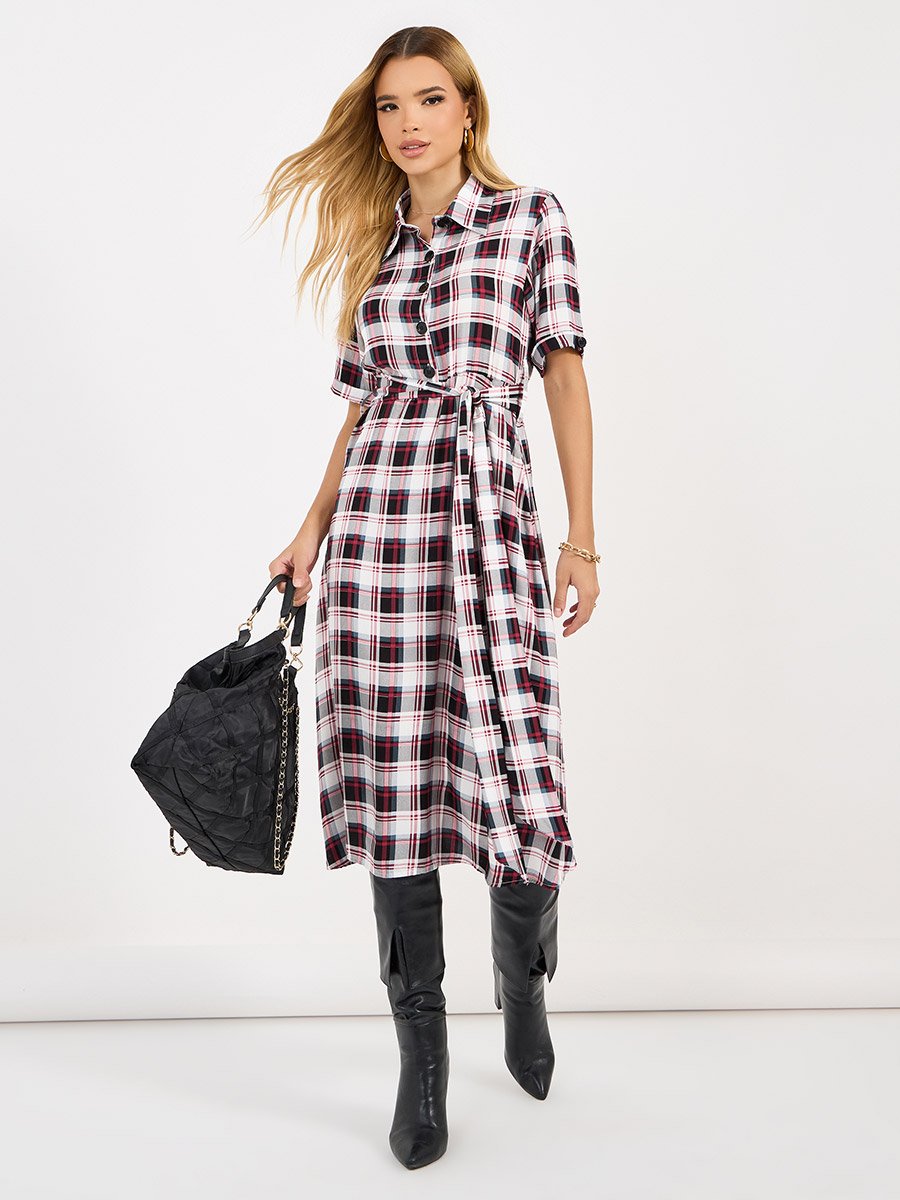 Checked Shirt Midi Dress with Tie Belt