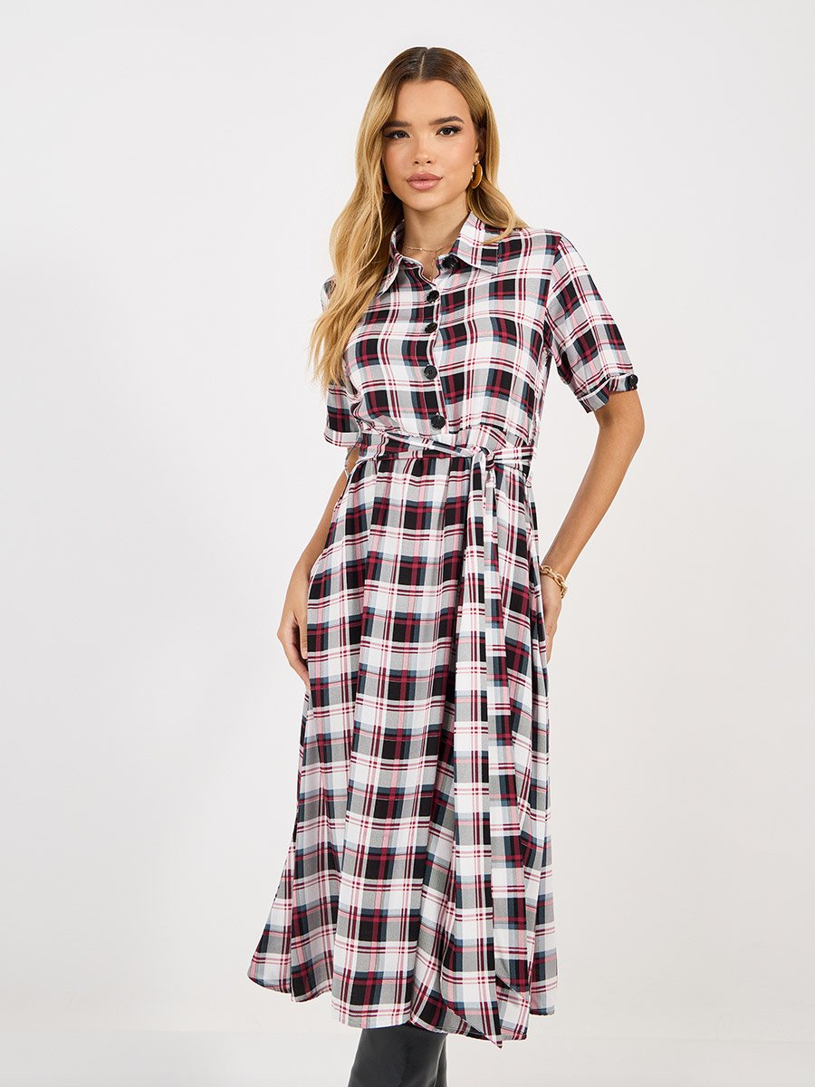 Checked Shirt Midi Dress with Tie Belt