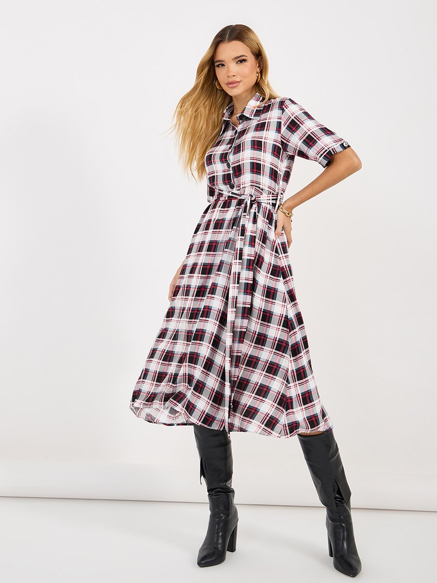 Checked Shirt Midi Dress with Tie Belt