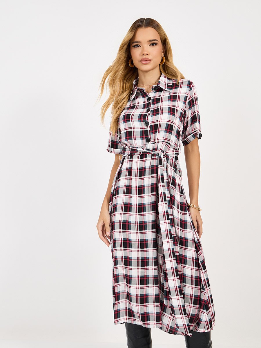 Checked Shirt Midi Dress with Tie Belt