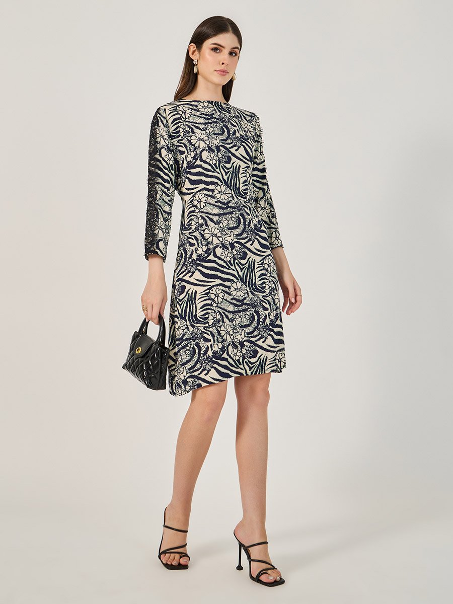 All-Over Print Lace Inserted Sheath Knee-Length Dress