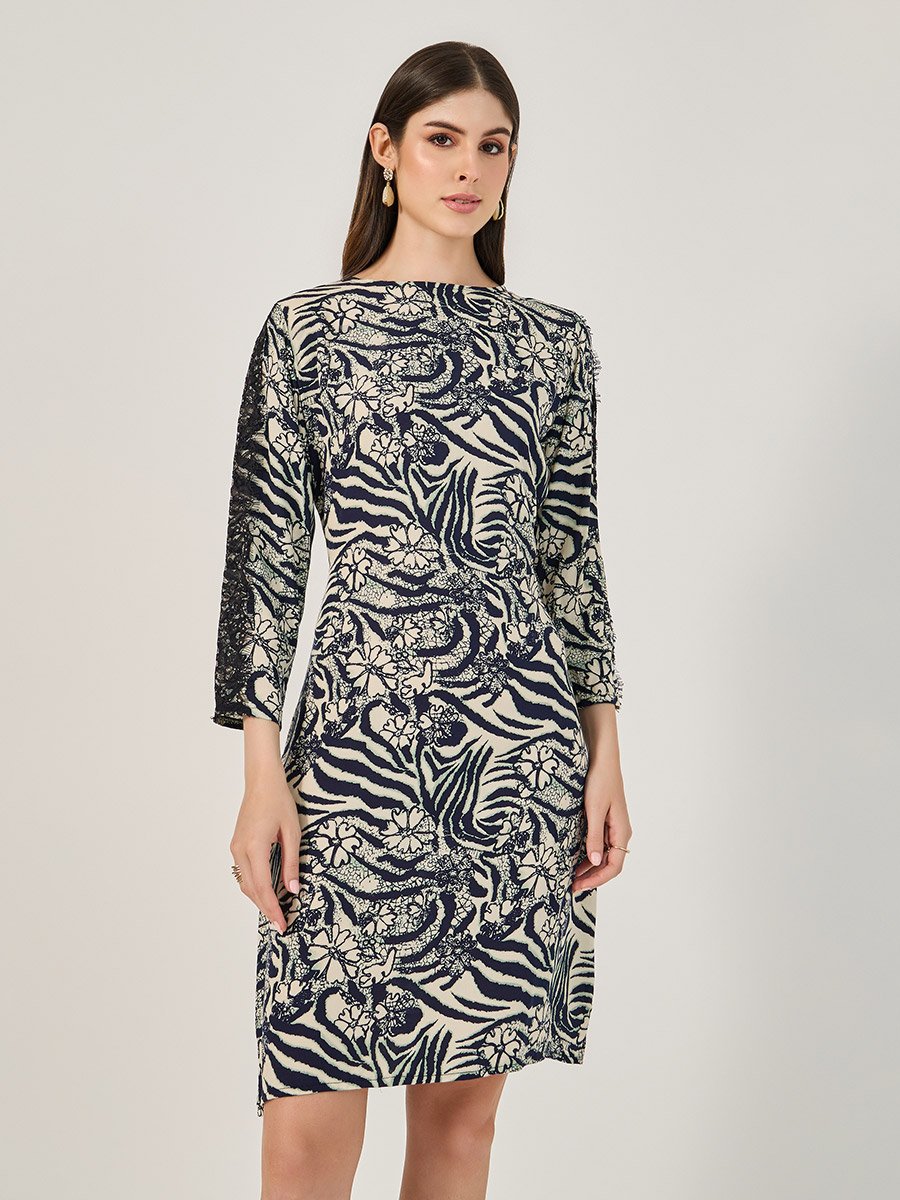 All-Over Print Lace Inserted Sheath Knee-Length Dress