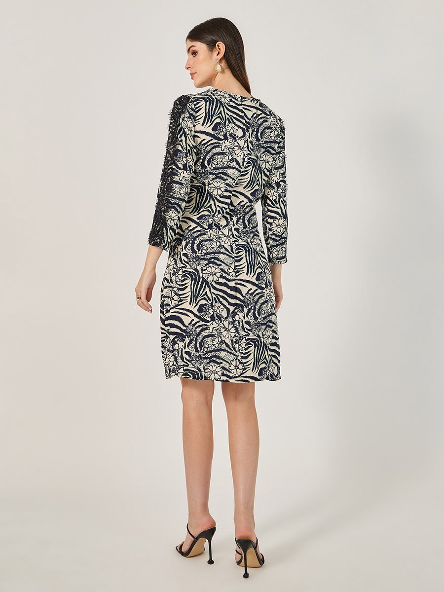 All-Over Print Lace Inserted Sheath Knee-Length Dress