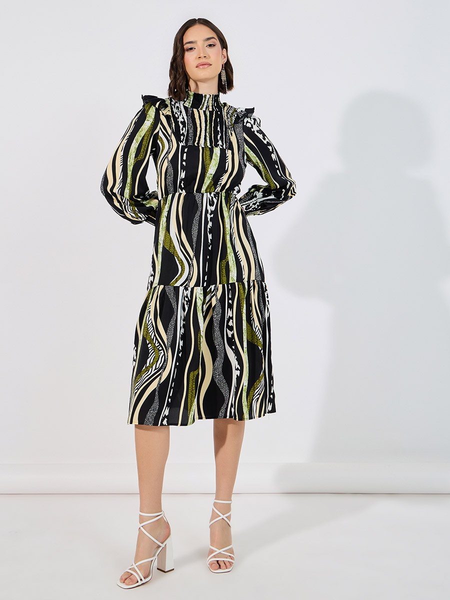 Abstract Print Shirred A-Line Midi Dress