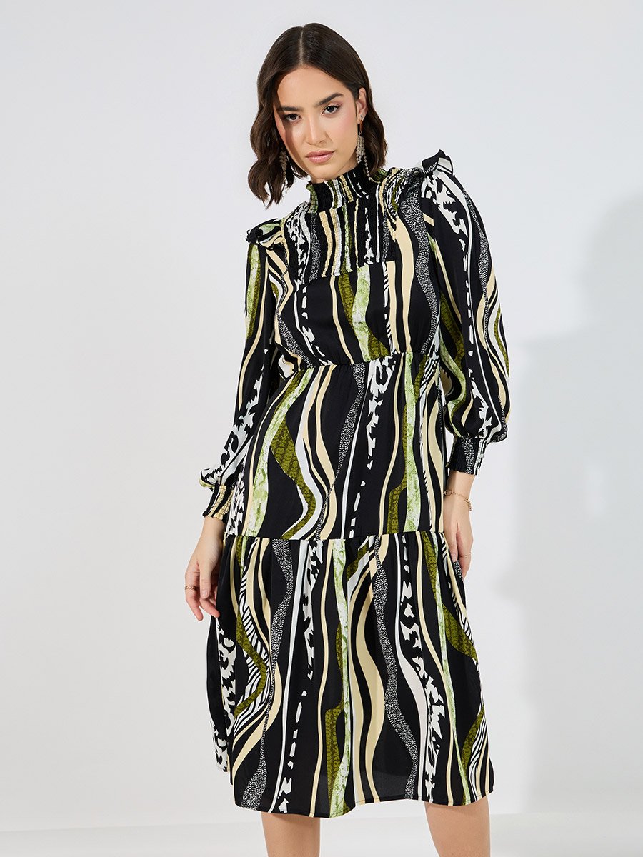 Abstract Print Shirred A-Line Midi Dress
