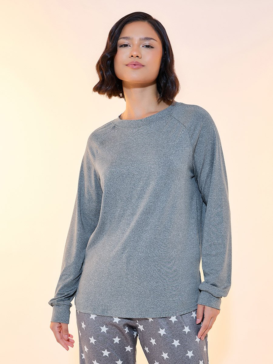 Plain Long Sleeve T-Shirt and Star Print Cuffed Pyjama Set